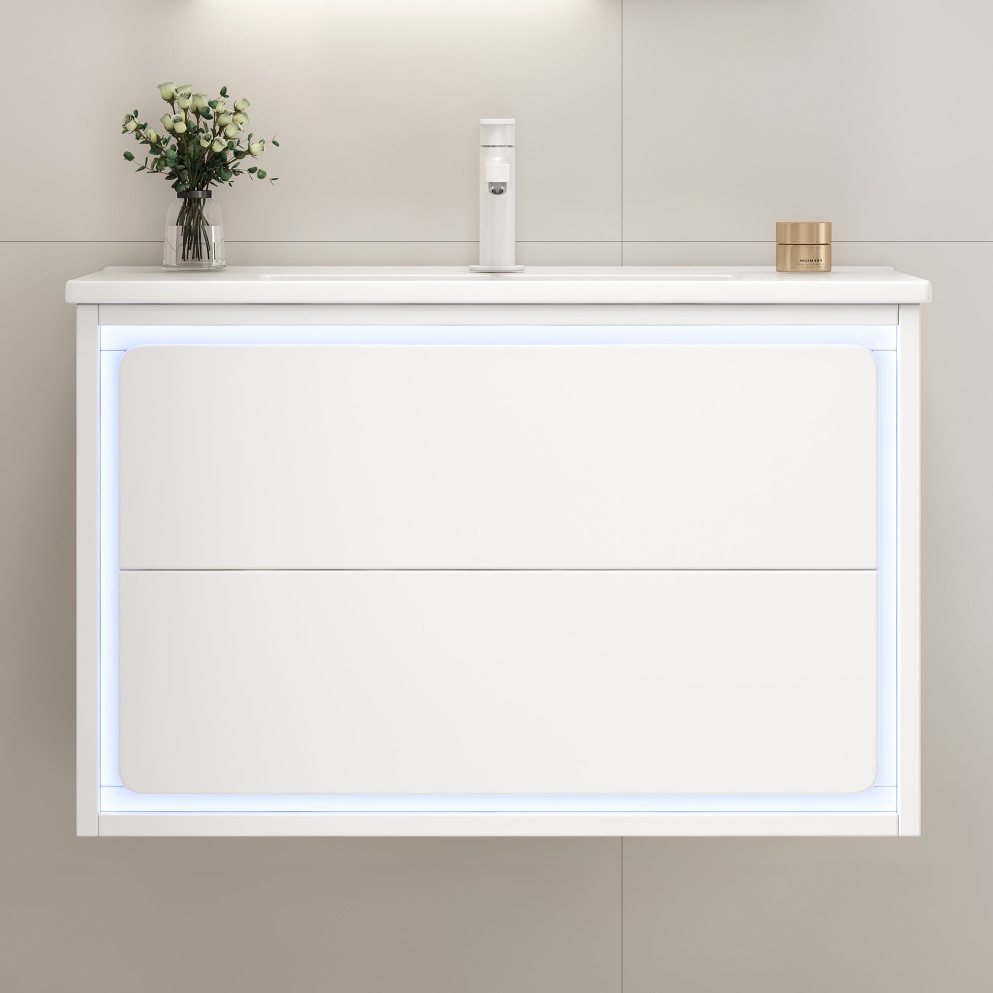 Wiszący mebel łazienkowy 76x46x48,5 cm - z ceramiczna umywalką - 2 szuflady - z LED - Biały