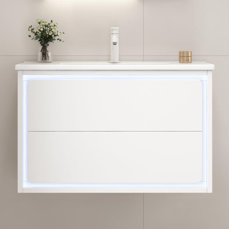 Wiszący mebel łazienkowy 76x46x48,5 cm - z ceramiczna umywalką - 2 szuflady - z LED - Biały