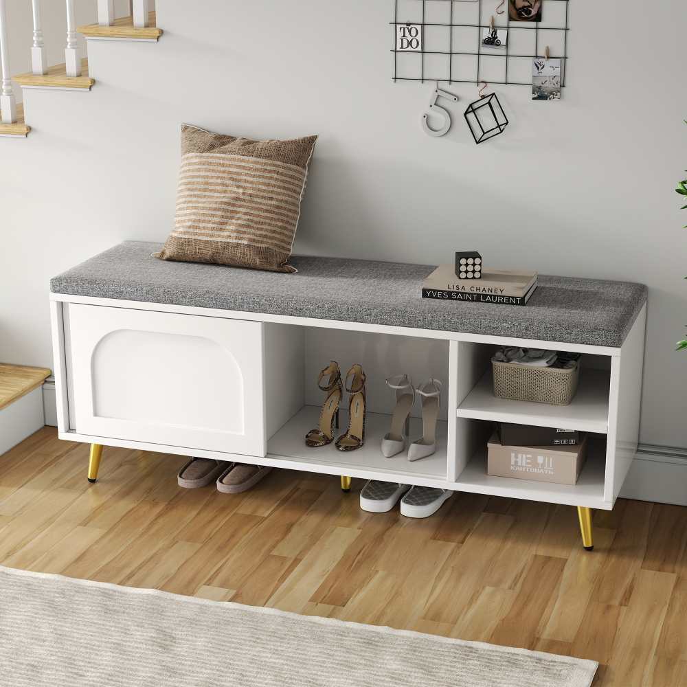 Banquette d’entrée blanche 121 cm – rangement chaussures, assise rembourrée, étagères réglables – 121x35x49 cm - 2