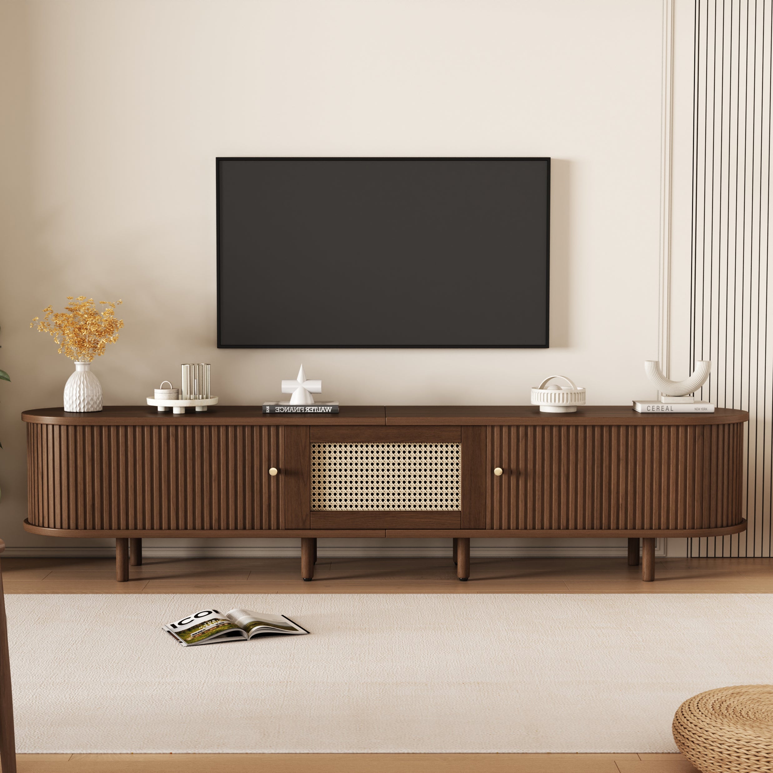 Owalna szafka RTV z 2 drzwiami przesuwnymi i 1 szufladą rattanową - 180 x 40 x 40 cm - drewno MDF - ciemny orzech