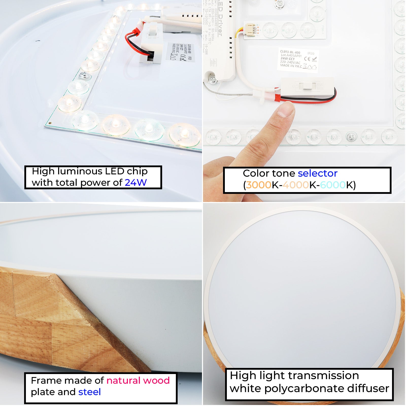 Plafón LED Circular Ø40cm, 30W, 3000LM, Metal Blanco y Madera Natural, Luz Seleccionable (3000K-4000K-6000K) - 2