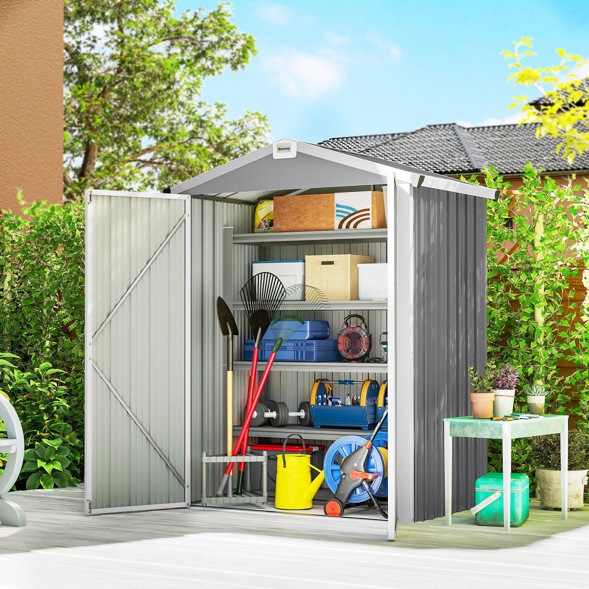 Caseta de Jardín Outsunny Acero Galvanizado Gris 133x87x178 cm - 2
