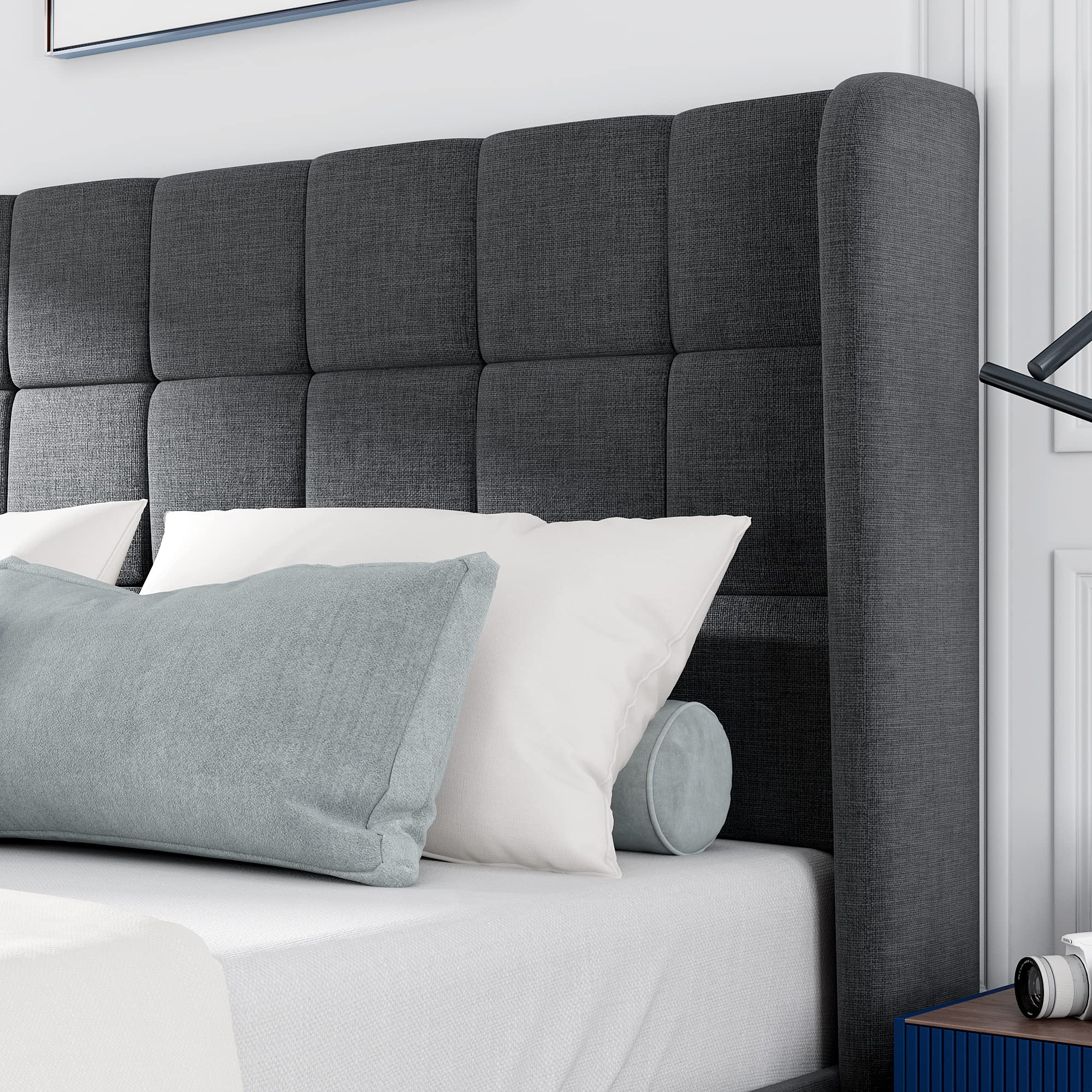 Cama de adulto tapizada con cabecero - 140 x 200 cm - tela de lino - gris - 2