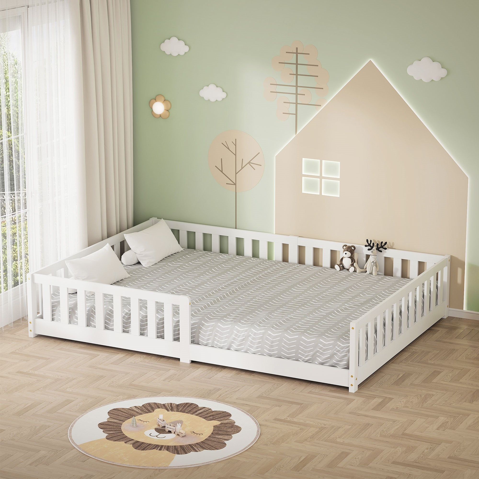 ML-Design łóżko dziecięce montessori 140x200 cm biały podłogowe drewniane z solidnym stelażem i ochroną przed wypadnięciem komfortowe dla dzieci