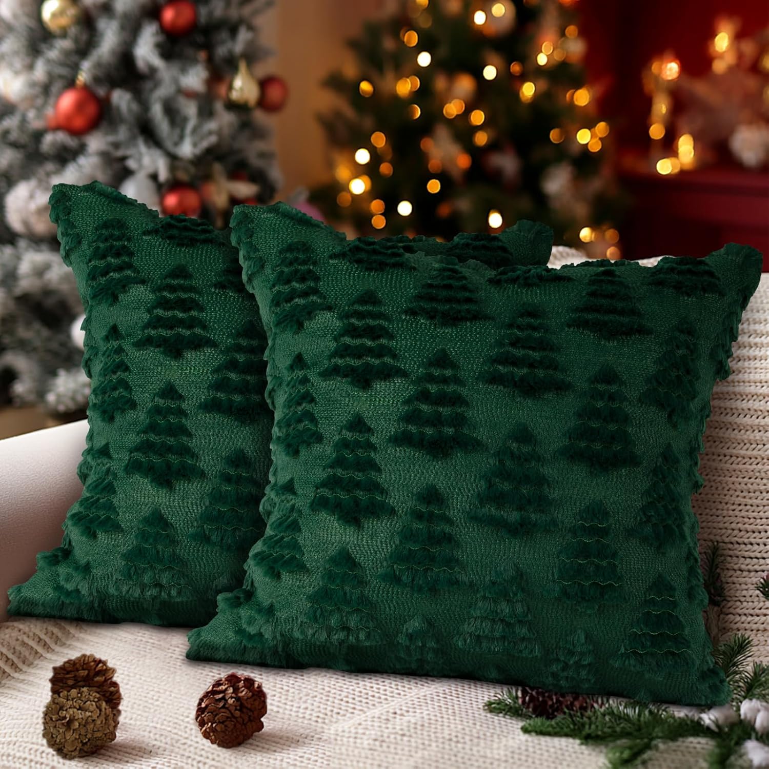 Zestaw 2 poszewek na poduszki świąteczne 45x45 cm, poszewki na poduszki w kształcie choinki, miękkie, dekoracyjne poszewki na poduszki do biura (ziel