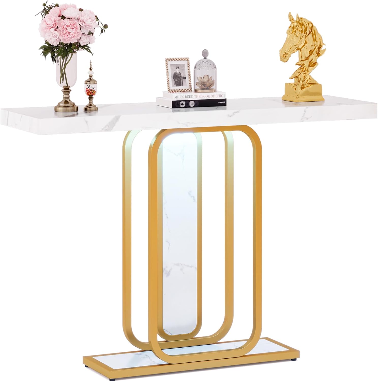 Table Console Tribesigns 105 Cm - Blanc Et Marron, 3 étagères - Meuble étroit Pour Entrée, Salon Ou Derrière Canapé