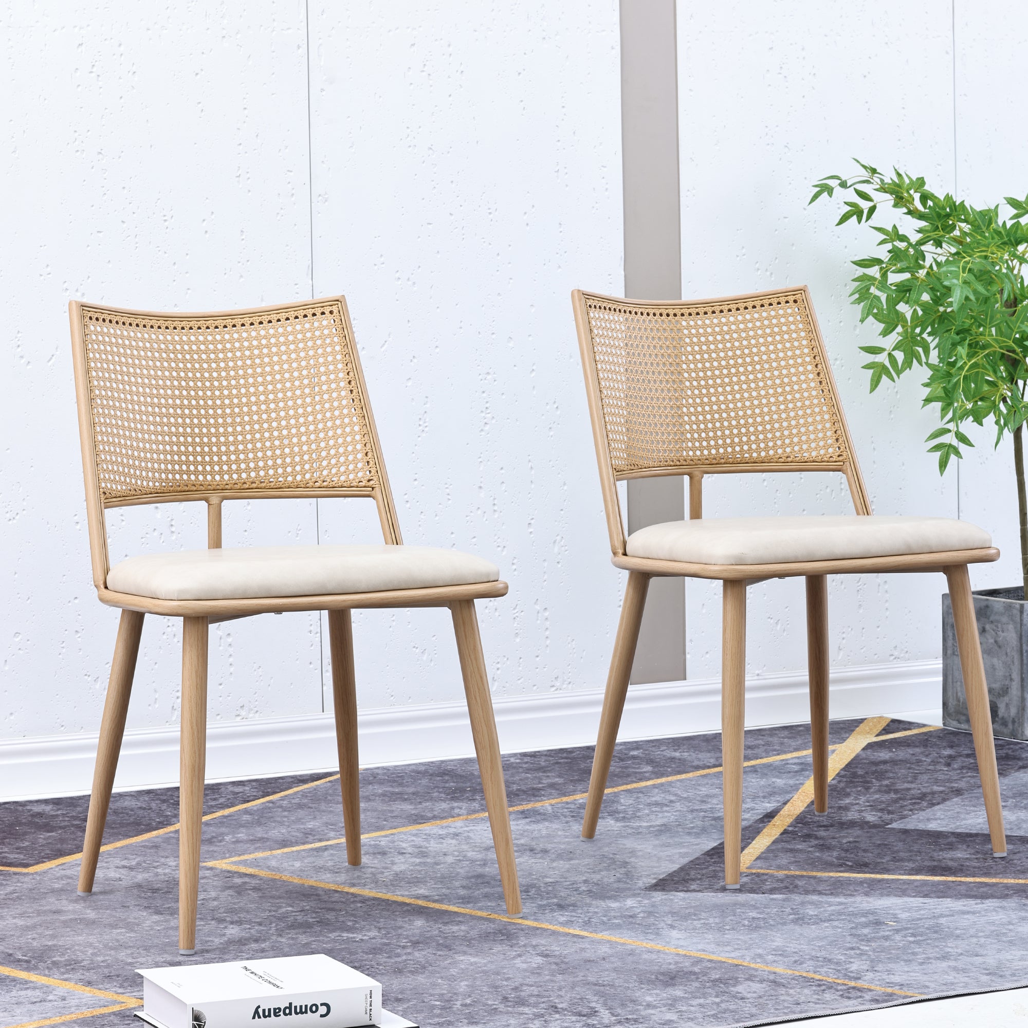 Lot de 2 chaises de salle à manger sans accoudoirs - Siège en cuir PU, dossier en rotin et pieds en métal - 50 x 48 x 80 cm - Beige - 4