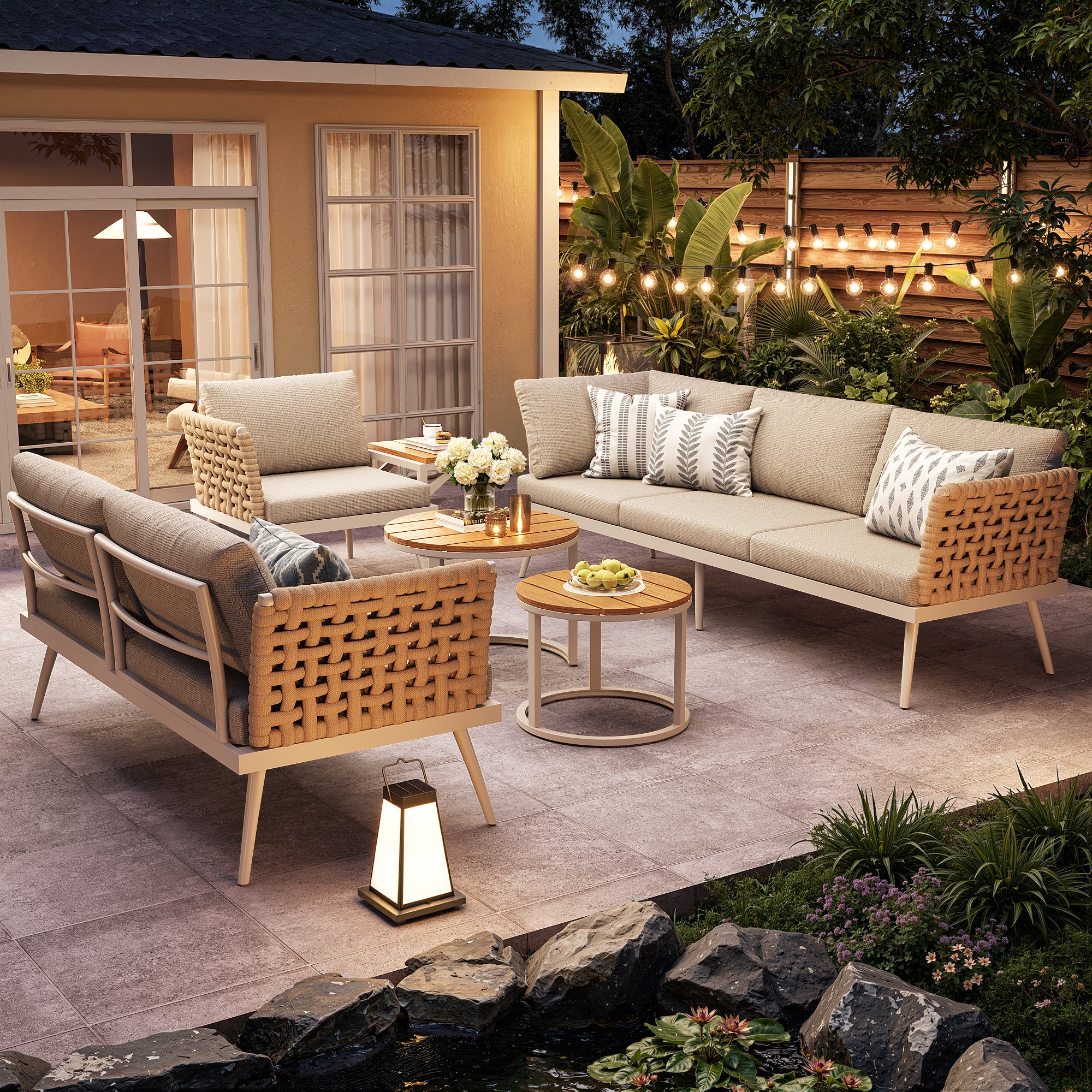 Conjunto de muebles de jardín modulares de hierro de 6 plazas: 2 sofás + 1 sillón + mesas de centro apilables - Beige - 5