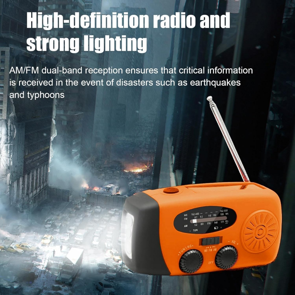 Przenośne radio awaryjne – Power Bank 2000 mAh – Radio awaryjne zasilane bateryjnie (ładowalne) – Na kemping i na wypadek klęsk żywiołowych – Pomarańc - 5