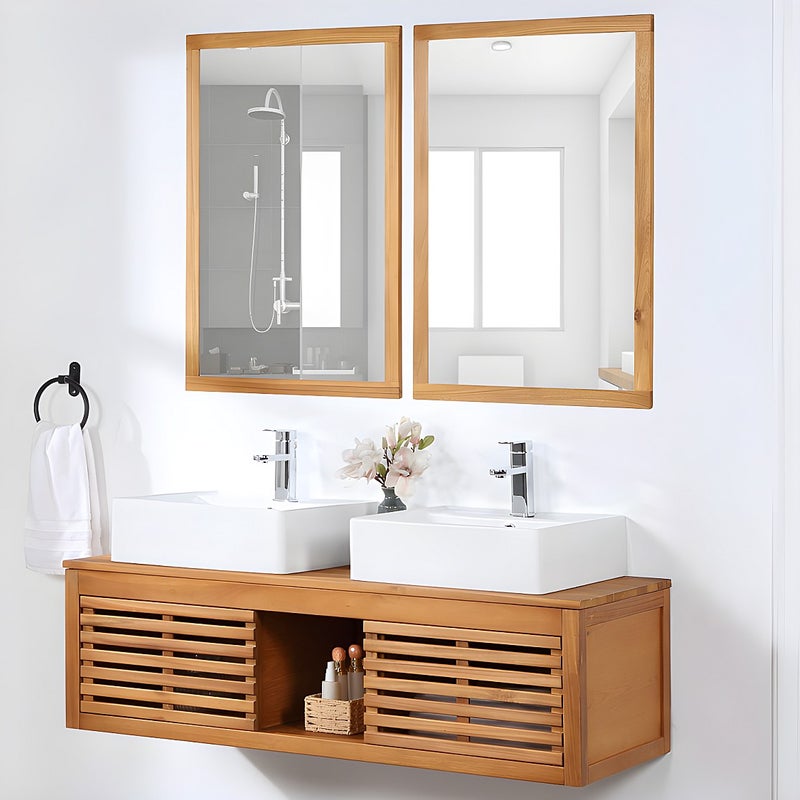 Szafka łazienkowa wisząca z drewna akacjowego z podwójną umywalką i lustrami - 130 cm - PENEBEL
