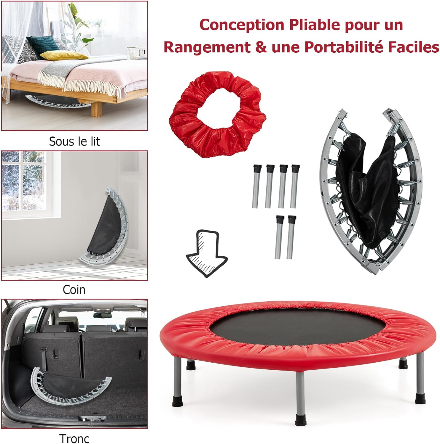Składana Mini Trampolina, Trampolina Sportowa do Użytku w Pomieszczeniach z Matą Zabezpieczającą, Maksymalne Obciążenie 150 kg, dla Dorosłych i Dzieci - 8
