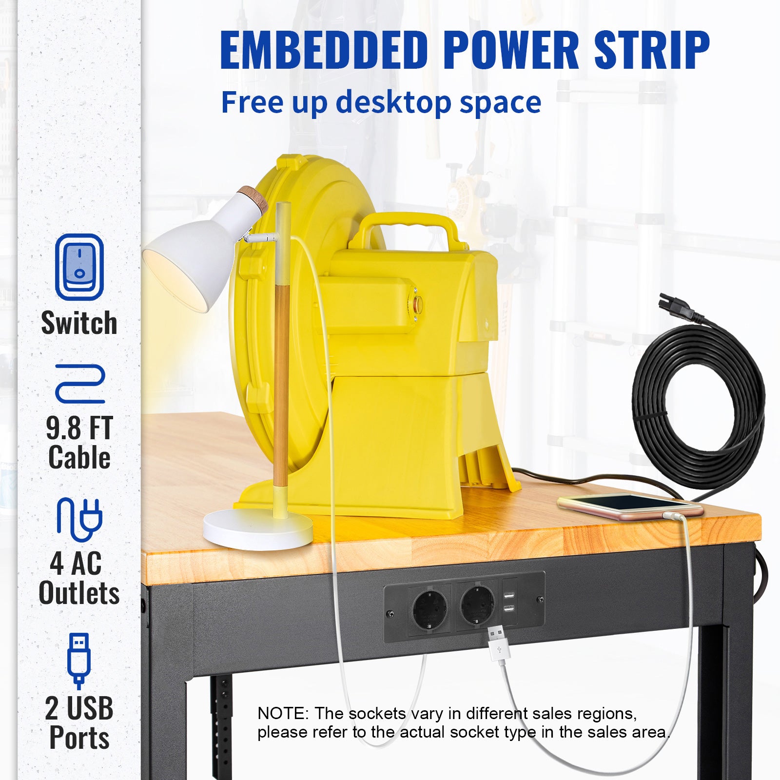 Piano lavoro regolabile,altezza VEVOR 720-970 mm,portata 900 kg,con presa di corrente,piano in legno massello,struttura e poggiagambe in metallo - 4