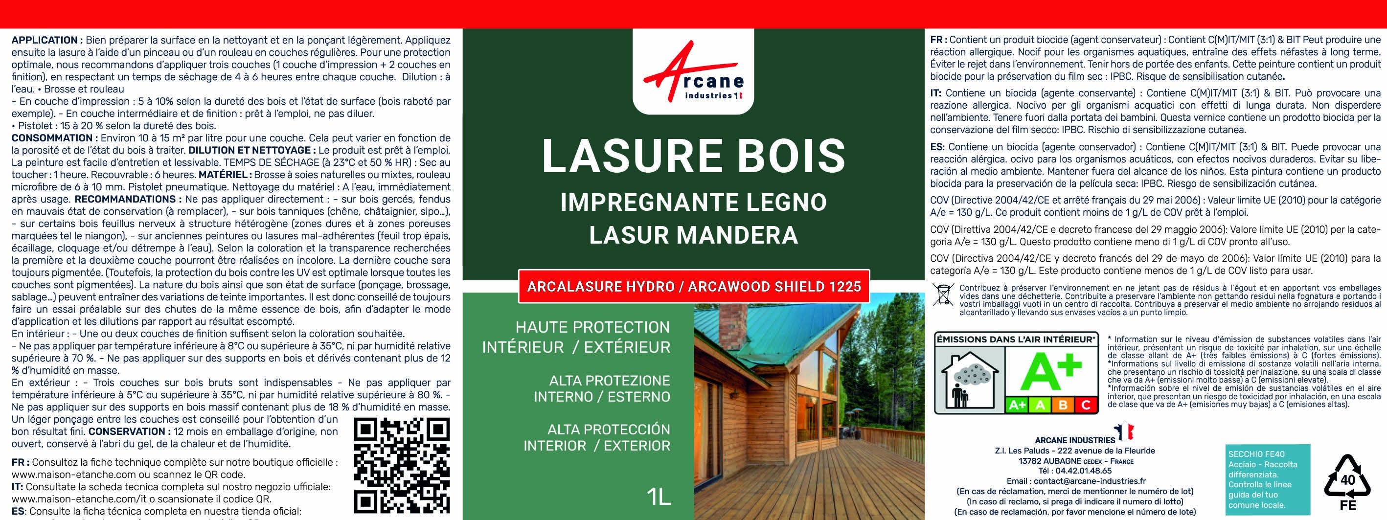 Lasure bois extérieur, intérieur - 13 teintes : ARCALASURE HYDRO Orme - 5 L - ARCANE INDUSTRIES - 6