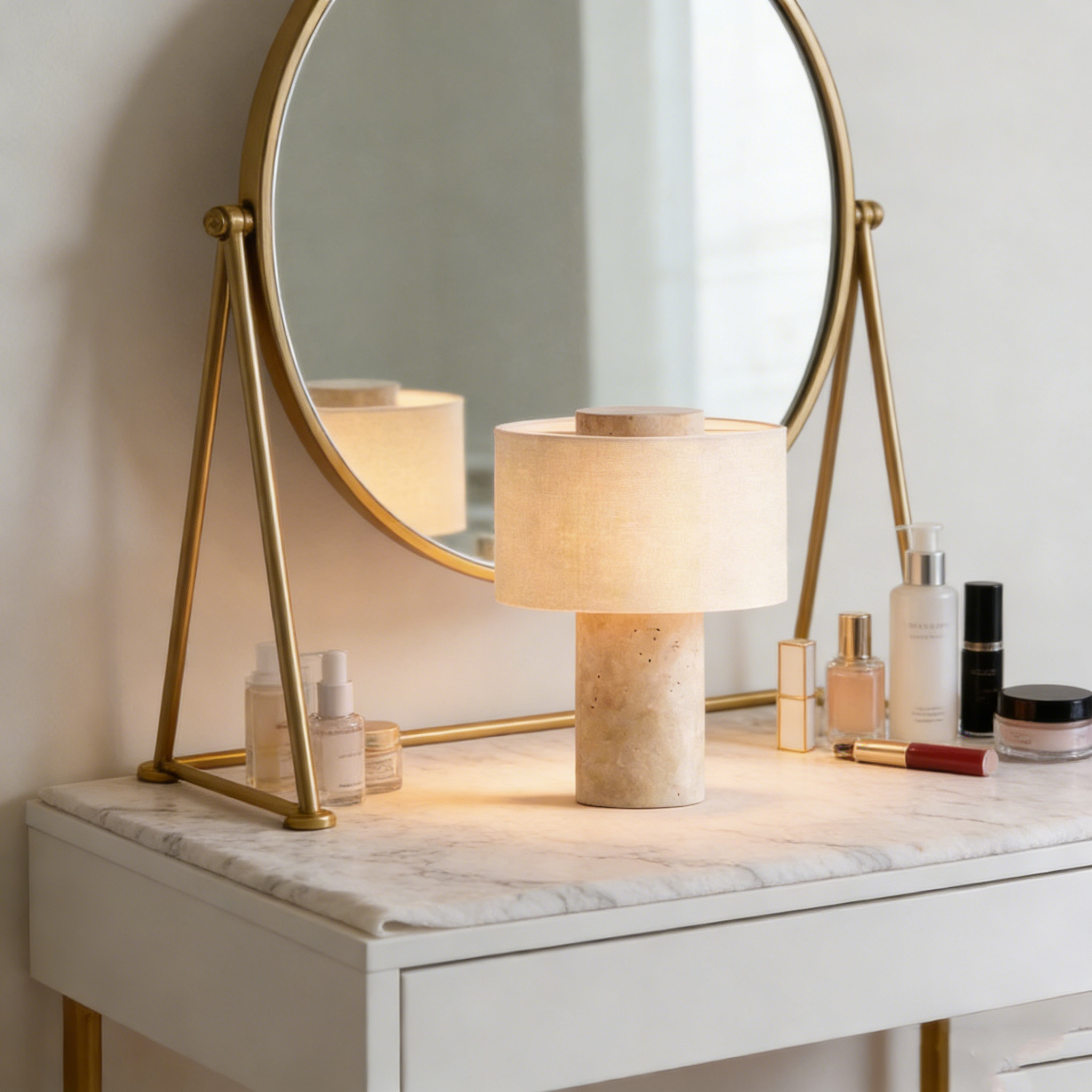 NICOLA Lampe de Table Travertin à Prise Secteur, LED Dimmable, Abat-jour en Tissu, Lampe de Chevet Minimaliste Luxe pour Chambre, Bureau et Hôtel - 4