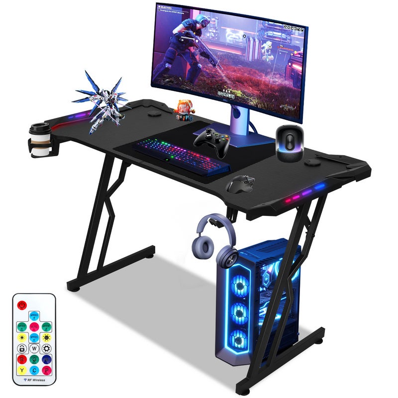 Biurko gamingowe z podkładką pod mysz i uchwytem na kubek, biurko gamingowe z oświetleniem LED - 120 x 60 cm, w zestawie oświetlenie LED i pilot