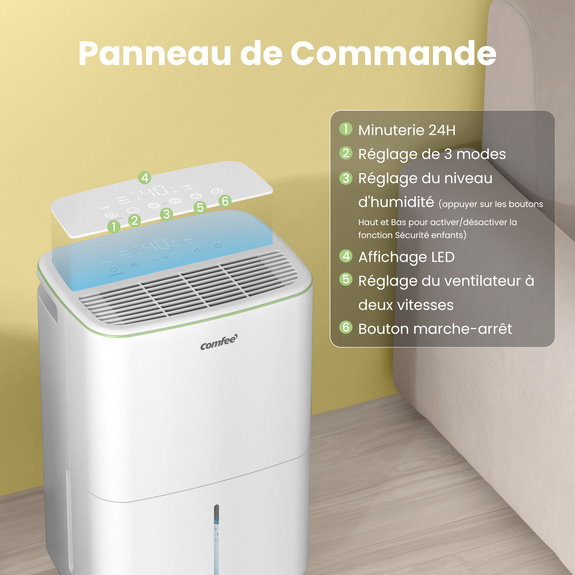 COMFEE Déshumidificateur Portable 10L/Jour, Réservoir Amobile 2,5L, Drainage Continu, 3 Modes au Choix, Minuterie 24h- Pour Pièce de 16 à 31㎡ - 8