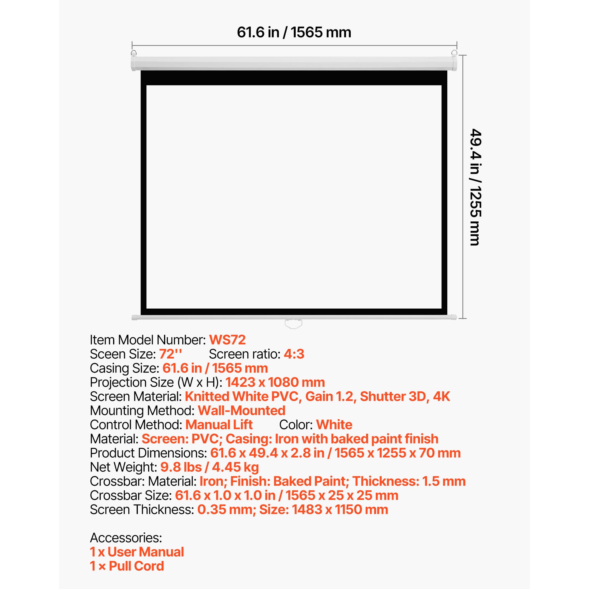 Ecran de projection SucceBuy manuel 1829 mm 4:3 4K 1080 HD, toile murale retractable avec cordon de traction, large angle de vision, ideal pour maison - 7