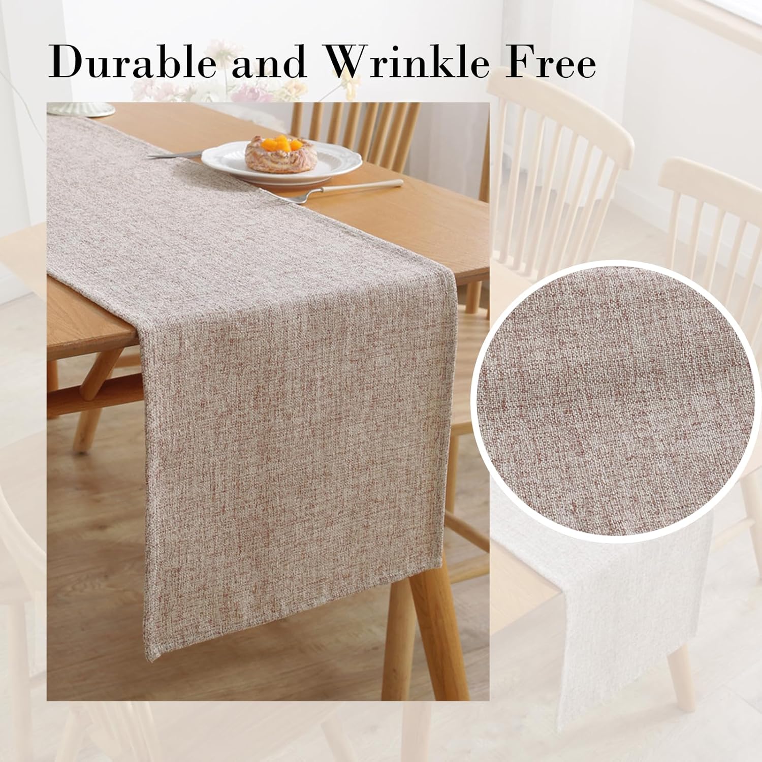 Camino de mesa rústico bohemio de lino tejido para comedor o mesa de centro, 33 x 122 cm, beige - 4
