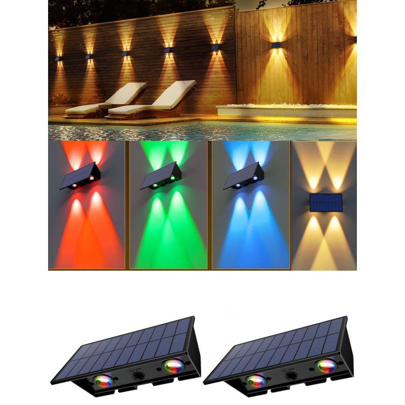 Zestaw 2 lamp solarnych LED, zewnętrzna lampa ścienna zasilana energią słoneczną, wodoodporne dekoracje ogrodowe zewnętrzne, światło słoneczne, RGB