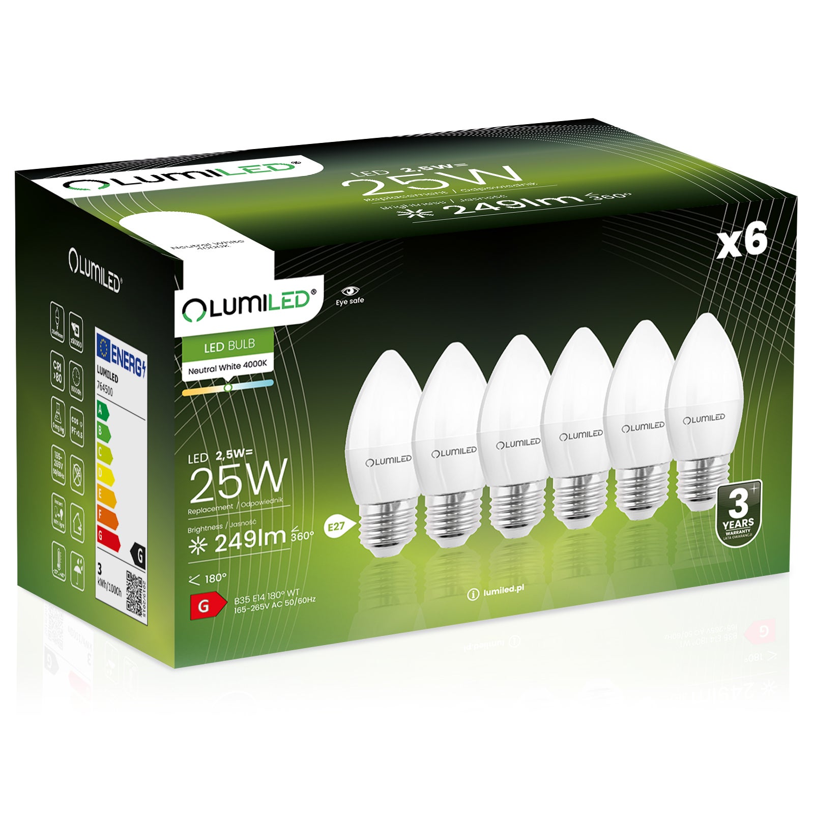 6x Żarówka Lumiled LED E27 Świeczka B35 2,5W = 25W 249lm 4000K Neutralna 180st