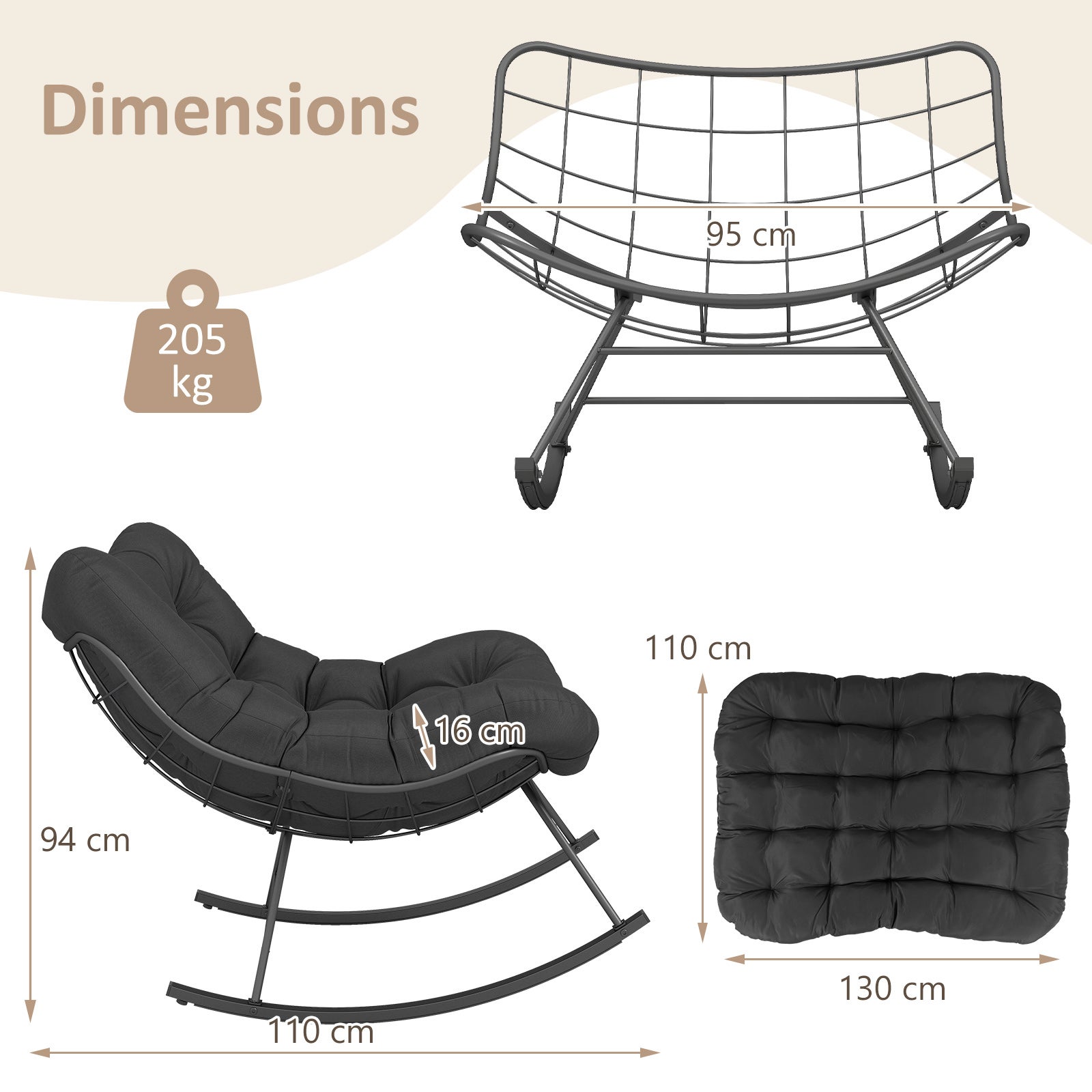 Fauteuil à Bascule Intérieur et Extérieur, Chaise Papasan Forme oeuf Surdimensionnée avec Coussin Rembourré, Charge 205KG, Noir Anthracite - 9