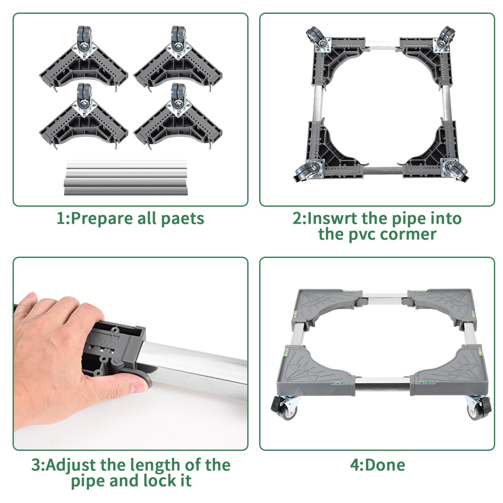 Support machine à laver : 4 roulettes verrouillables, charge 200 kg, largeur réglable, 4 supports, pour lave-linge/sèche-linge/réfrigérateurs - 4