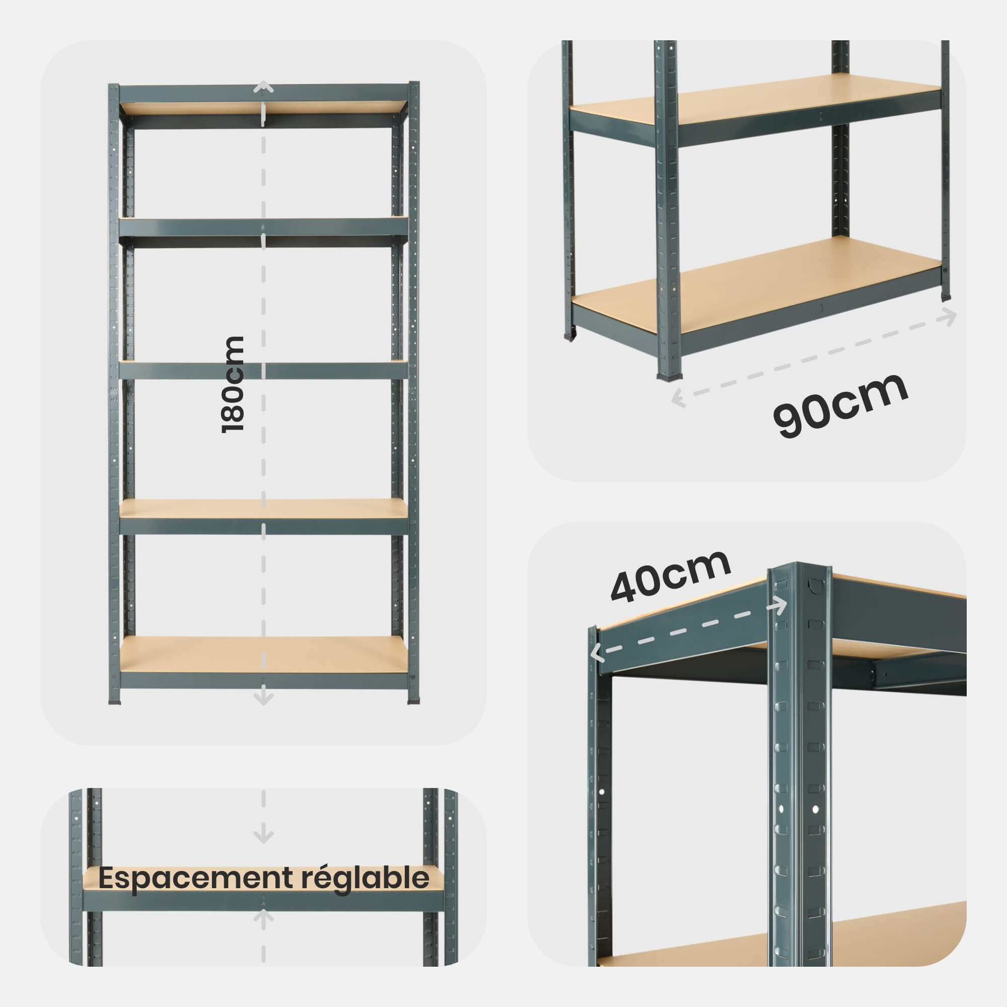 AREBOS Lot de 2 étagères pour charges lourdes - 180 x 90 x 40 cm - Noir - 5 étagères - Étagère d'atelier - Étagère de rangement pour cave - 9