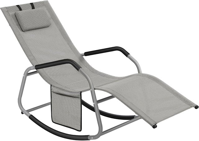 Mecedora, Silla Tumbona, con Dispositivo de fijación, Cojín Ajustable, Bolsillo de Almacenamiento, 156,2 x 97,3 x 151 cm, Gris Paloma