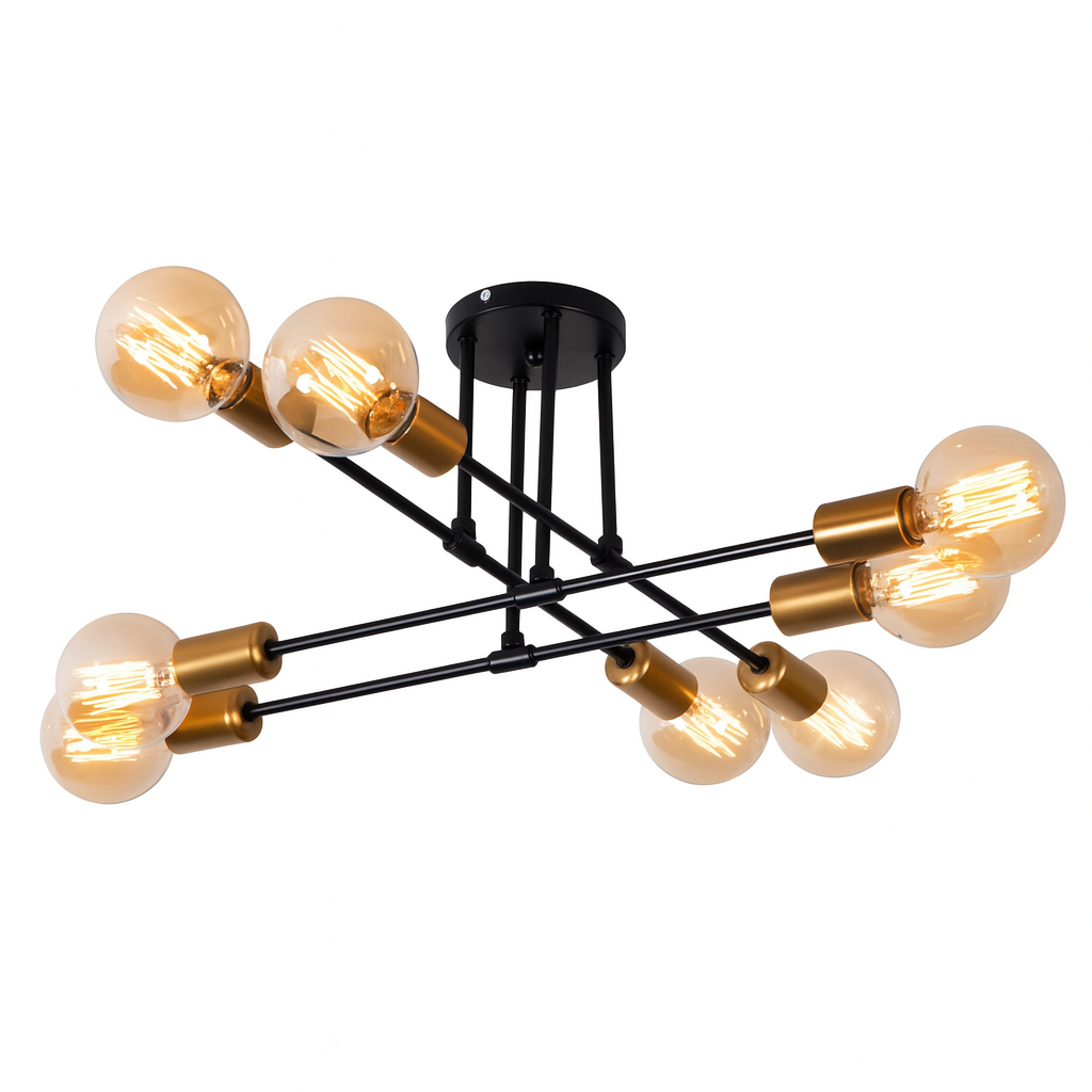 Lampa sufitowa wisząca 8x E27 Czarna Złota GLAMOUR ozdobna dekoracyjna 8 punktów światła metalowa - LEDHOFF
