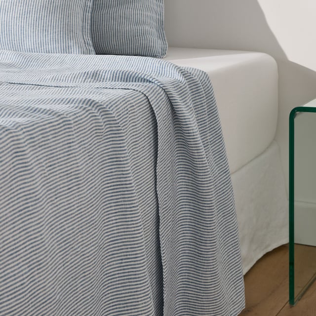 Drap plat en lin lavé, Limona bleu - Rayé bleu - 240 x 290 cm