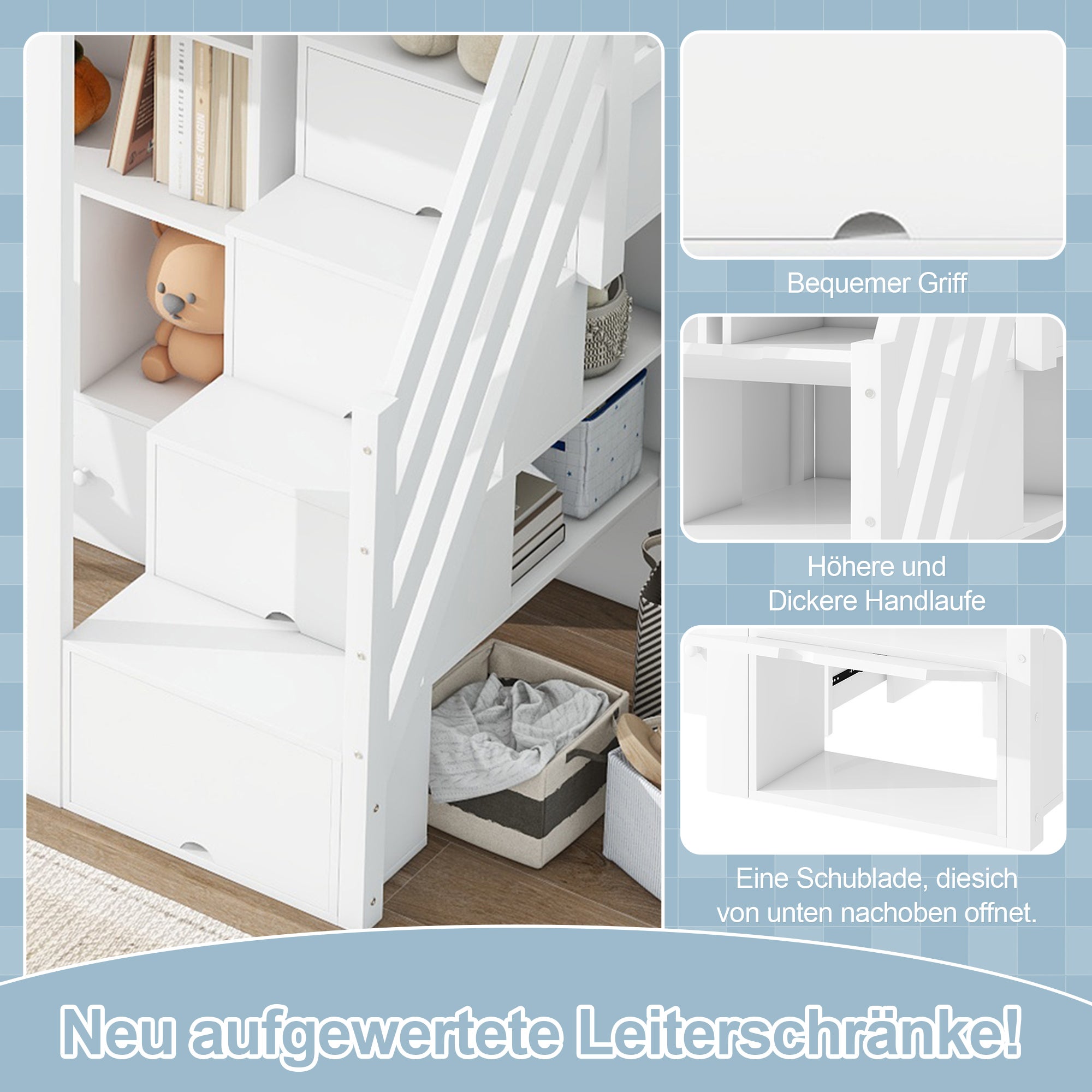 Lit mezzanine 90 x 200 cm, rampe, bureau, tiroirs, armoire de rangement ouverte, escabeau escamotable, étagères multiples - 5