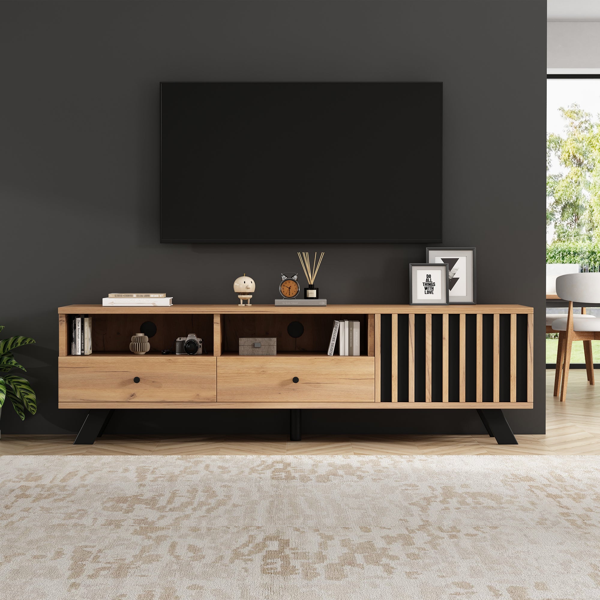 Meuble TV avec 2 tiroirs, 2 compartiments et 1 porte - 150 x 38 x 44 cm - Panneau de particules - Bois naturel - 4