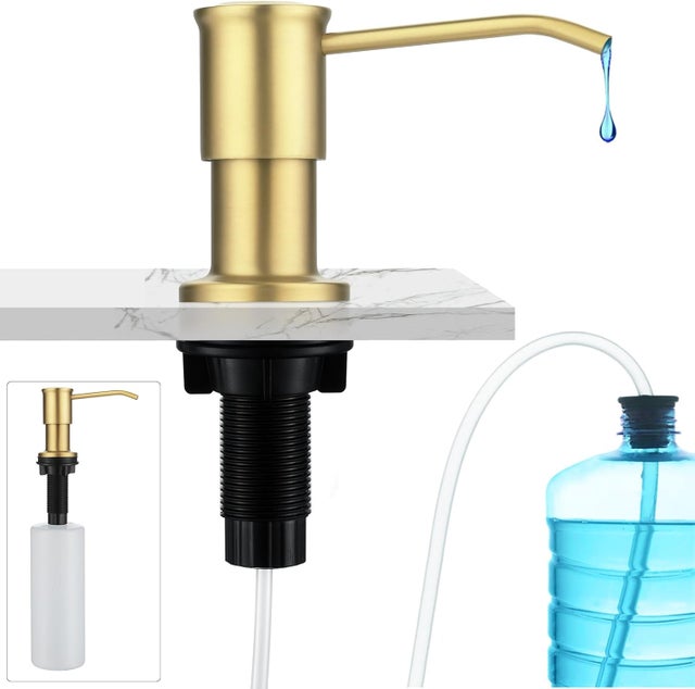 Dispensador de jabón para fregadero con botella de 500 ml y kit de extensión de 1,0 m, recambio superior, oro cepillado