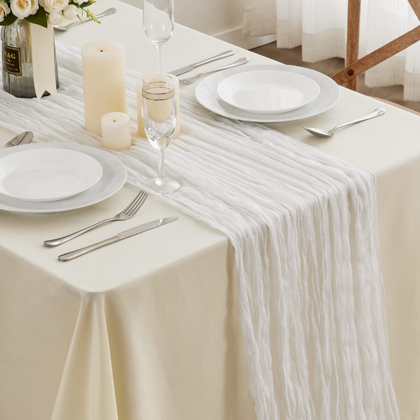 Runner Da Tavola Lungo In Garza Bianca – 90x300 Cm – Per Matrimoni E Feste – Effetto Vintage