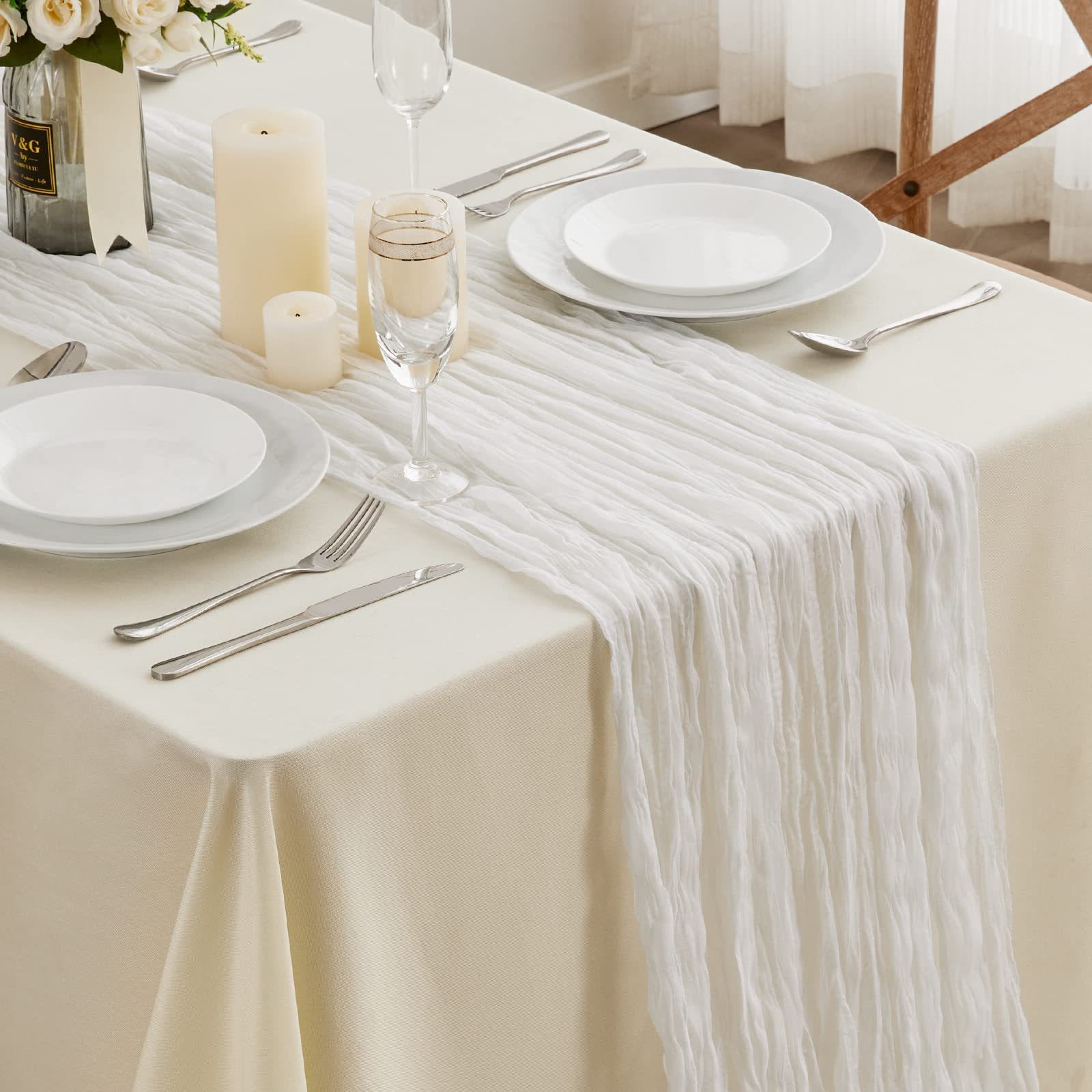 Runner Da Tavola Lungo In Garza Bianca – 90x300 Cm – Per Matrimoni E Feste – Effetto Vintage