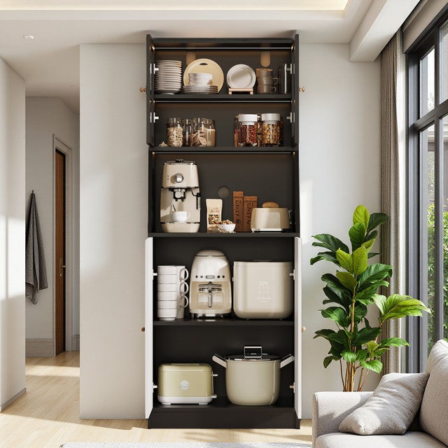 Armoire de Cuisine Colonne 180cm, Buffet avec Éclairage, Étagères Réglables, Plan de Travail et Portes en Verre Transparent, 70x40x180cm - 3