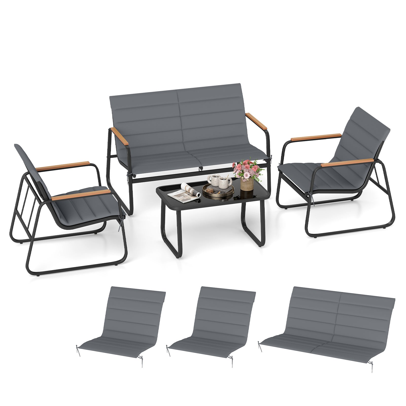 Conjunto de lounge para jardim exterior para 4 pessoas com almofadas amovíveis, conjunto de 4 peças com sofá de jardim, cadeiras e 1 mesa - 2