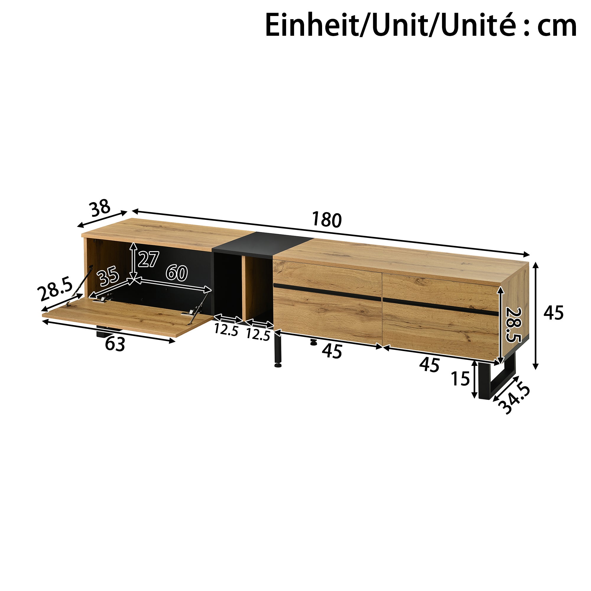 Stolik pod TV z 3 drzwiami i 2 półkami - 180 x 38 x 45 cm - Płyta wiórowa - Kolor drewna - 5