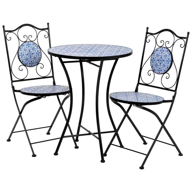 Table et deux chaises en mosaïque noire et fer forgé