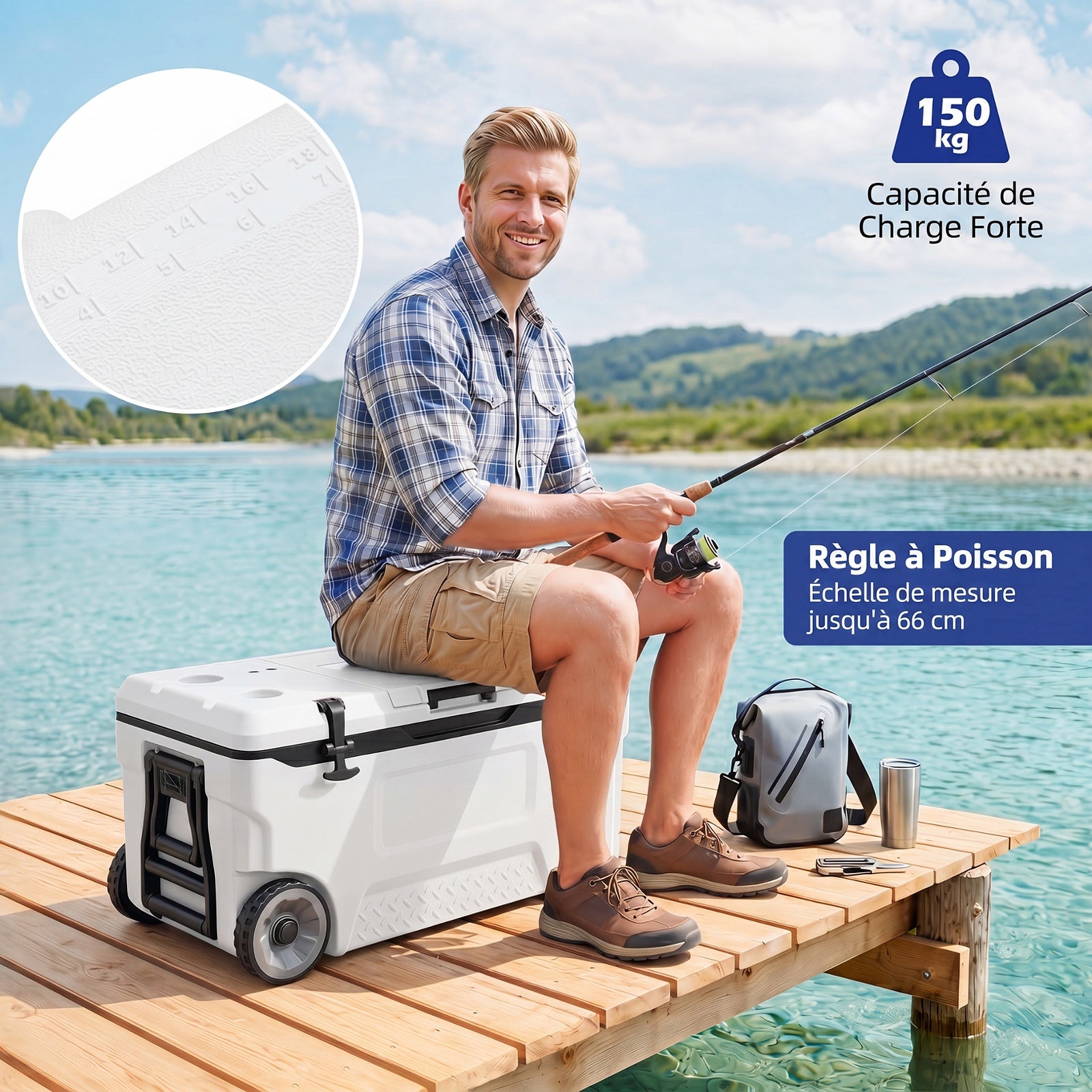 Glacière, Poignées et Roulettes Transport, Glacière Portable de 70L, Orifice de Sortie, Emplacement du Gobelet, Garder la Glace Jusqu'à 6 Jours, Blanc - 9