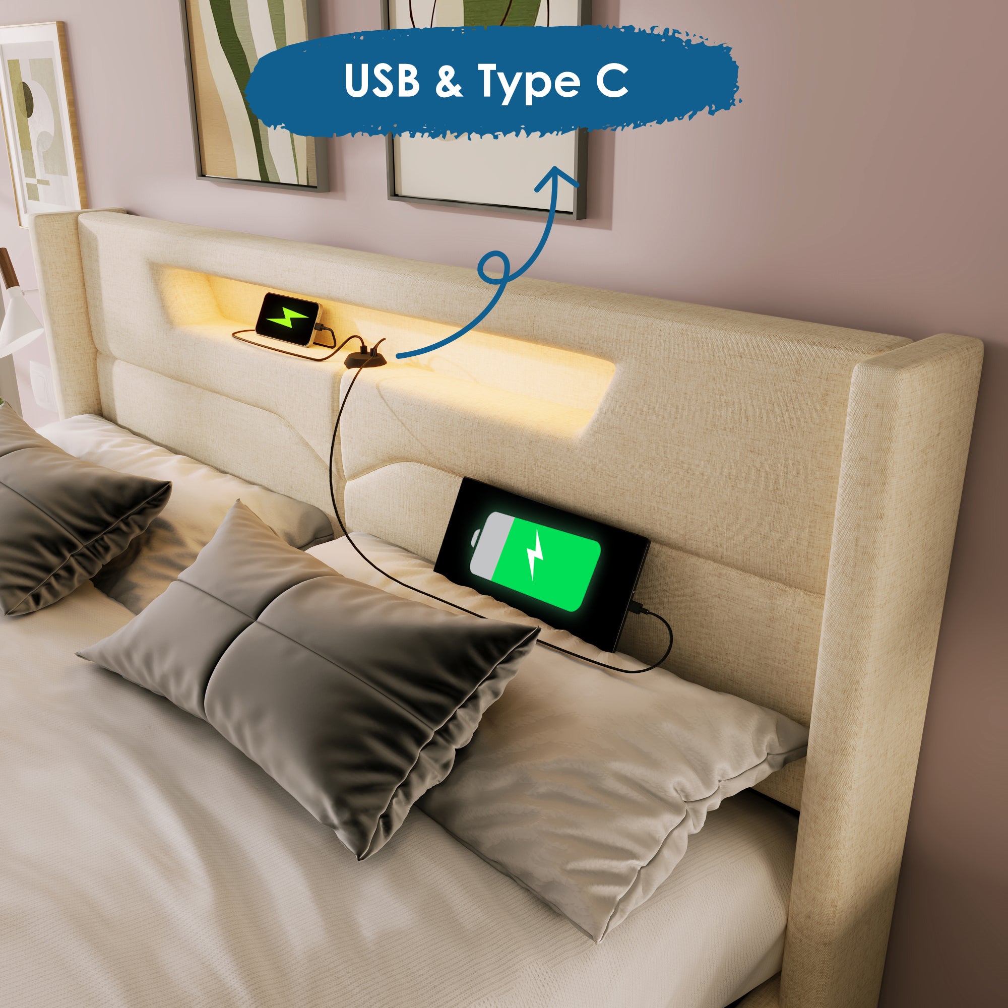 Cama arcón doble, lino, carga USB tipo C e iluminación LED, (140 x 200 cm, beige, sin colchón) - 5