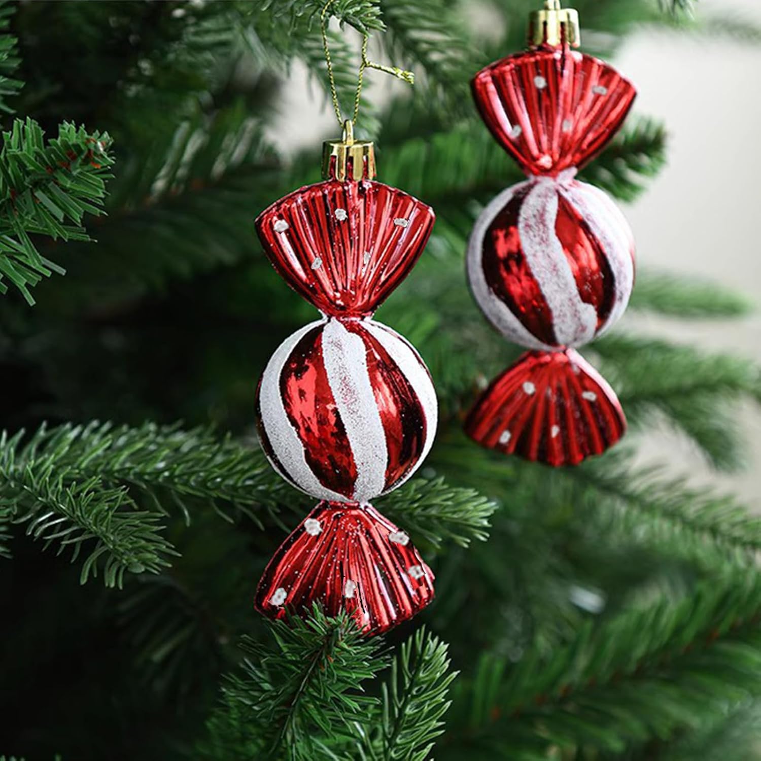 Cappello da puntale per albero di Natale con nastro a forma di bastoncino di zucchero, stella rossa, decorazione per feste invernali, regalo