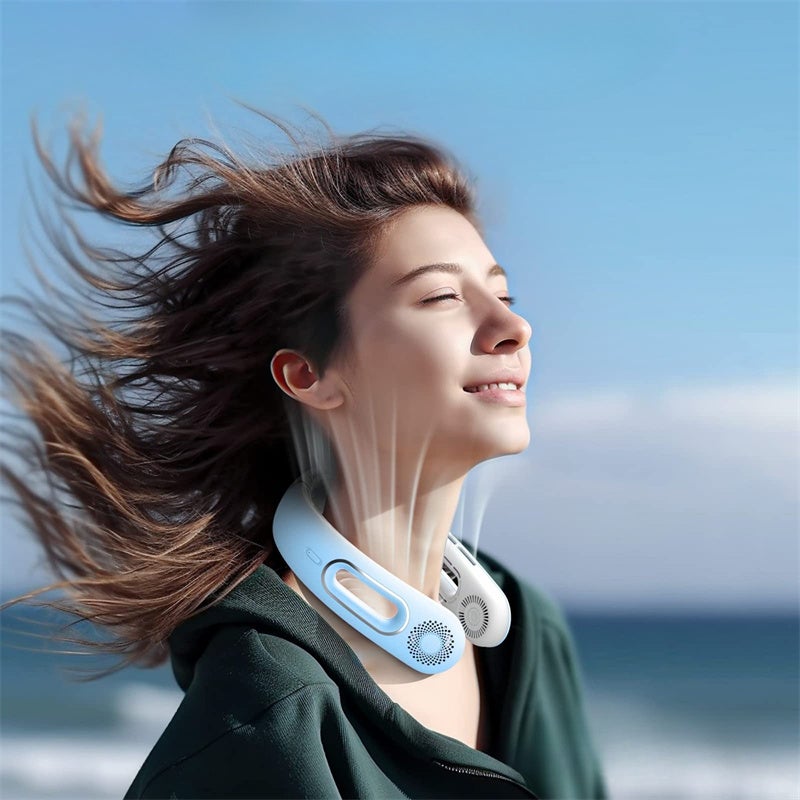 Przenośny, ładowalny, niewymagający użycia rąk, bezłopatkowy wentylator na szyję, chłodzenie 360°, do użytku w podróży i na zewnątrz