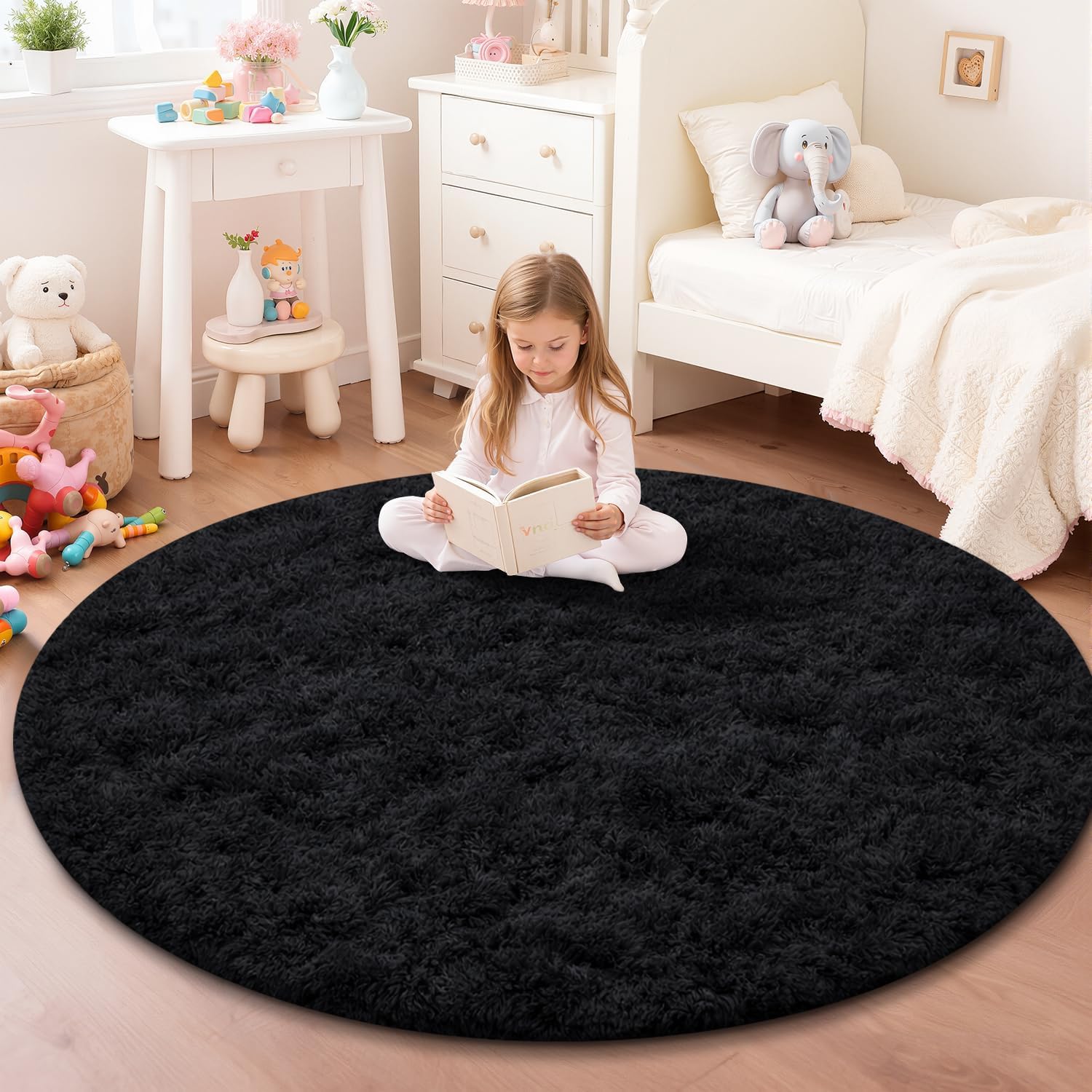 Covor rotund negru, 120 cm, cu fir lung, moale, lavabil și antiderapant, pentru dormitorul și camera de a juca copiilor