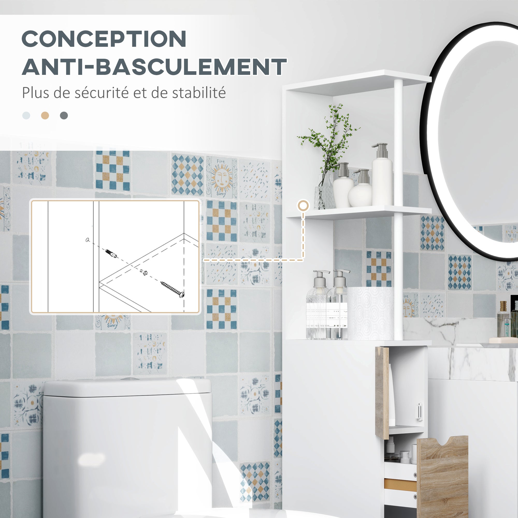 Meuble colonne salle de bain armoire de salle de bain avec tiroirs étagères ouvertes placard 15 x 33 x 136,8 cm blanc - COMFORTXL - 8
