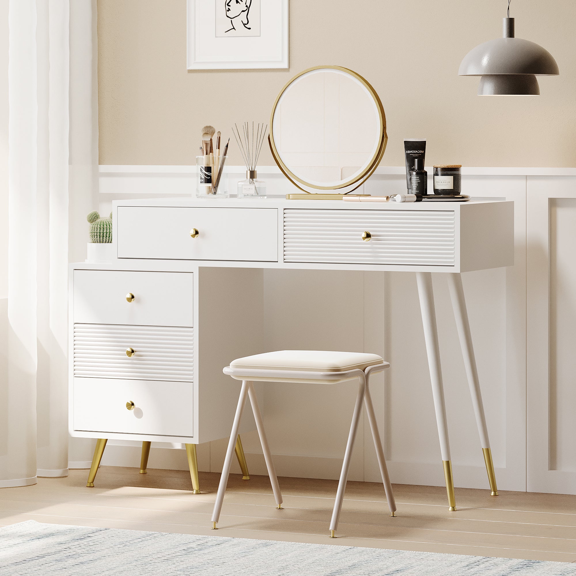 Coiffeuse Avec Miroir Éclairage LED - Table 80 Cm + Armoire Latérale - Tabouret Inclus - Pieds Métal Blanc - Modulable Gauche/Droite - 7