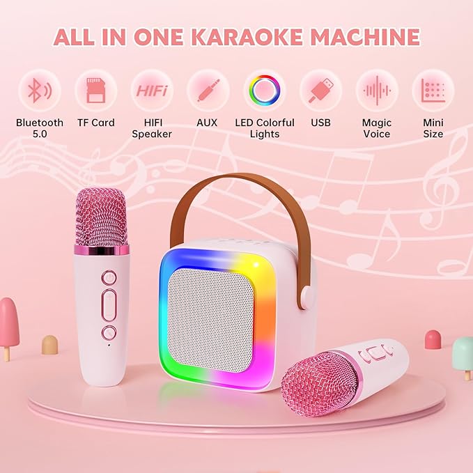 Mini Máquina De Karaoke Para Niños, Altavoz Bluetooth Con dos Micrófonos Inalámbrico Regalos De Navidad, cumpleaños (rosa) - 2