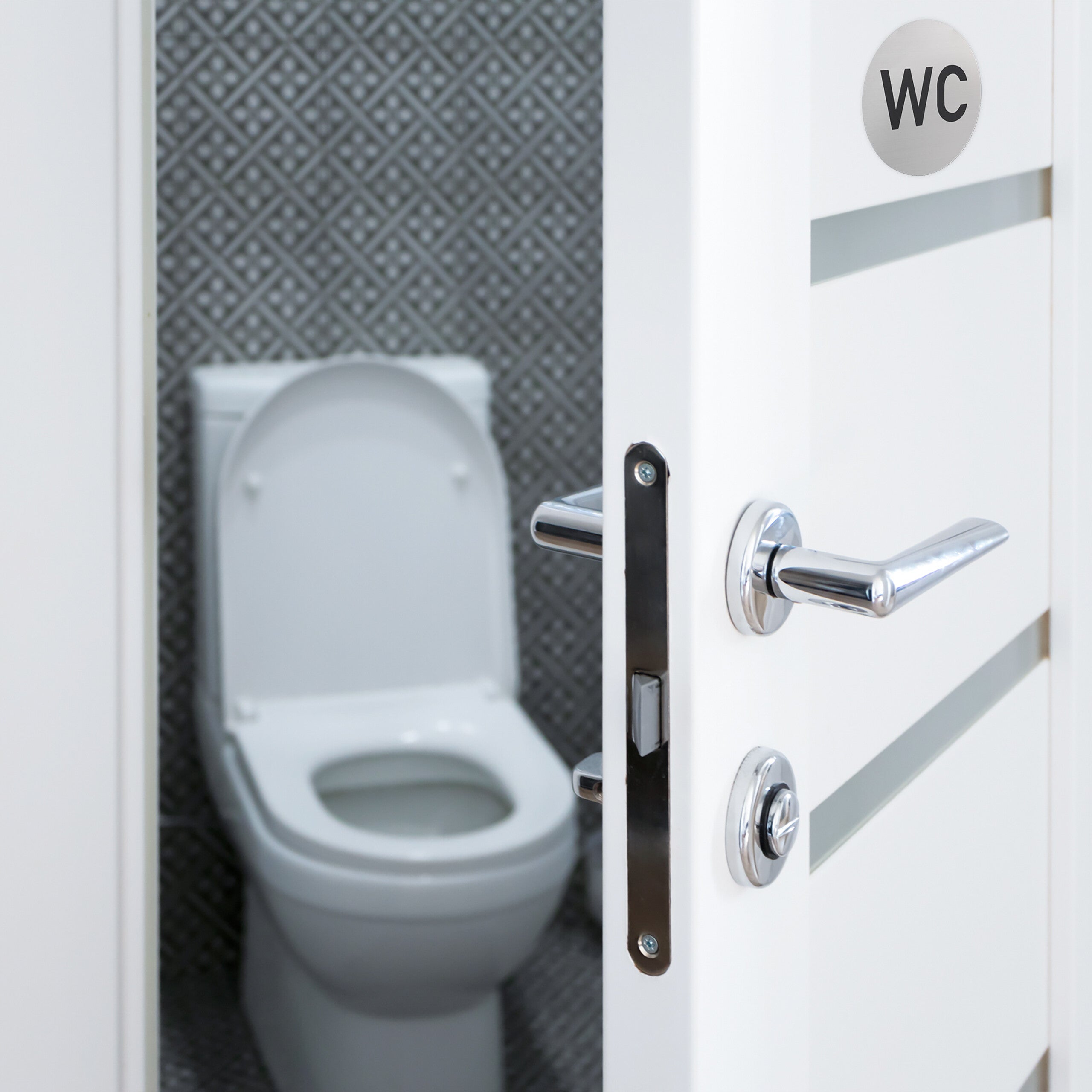 Targhetta per Porta, Toilette WC, Set da 4 Cartelli da Bagno Autoadesivi, Targa Ø 10 cm, Alluminio, Argentato, Relaxdays - 3