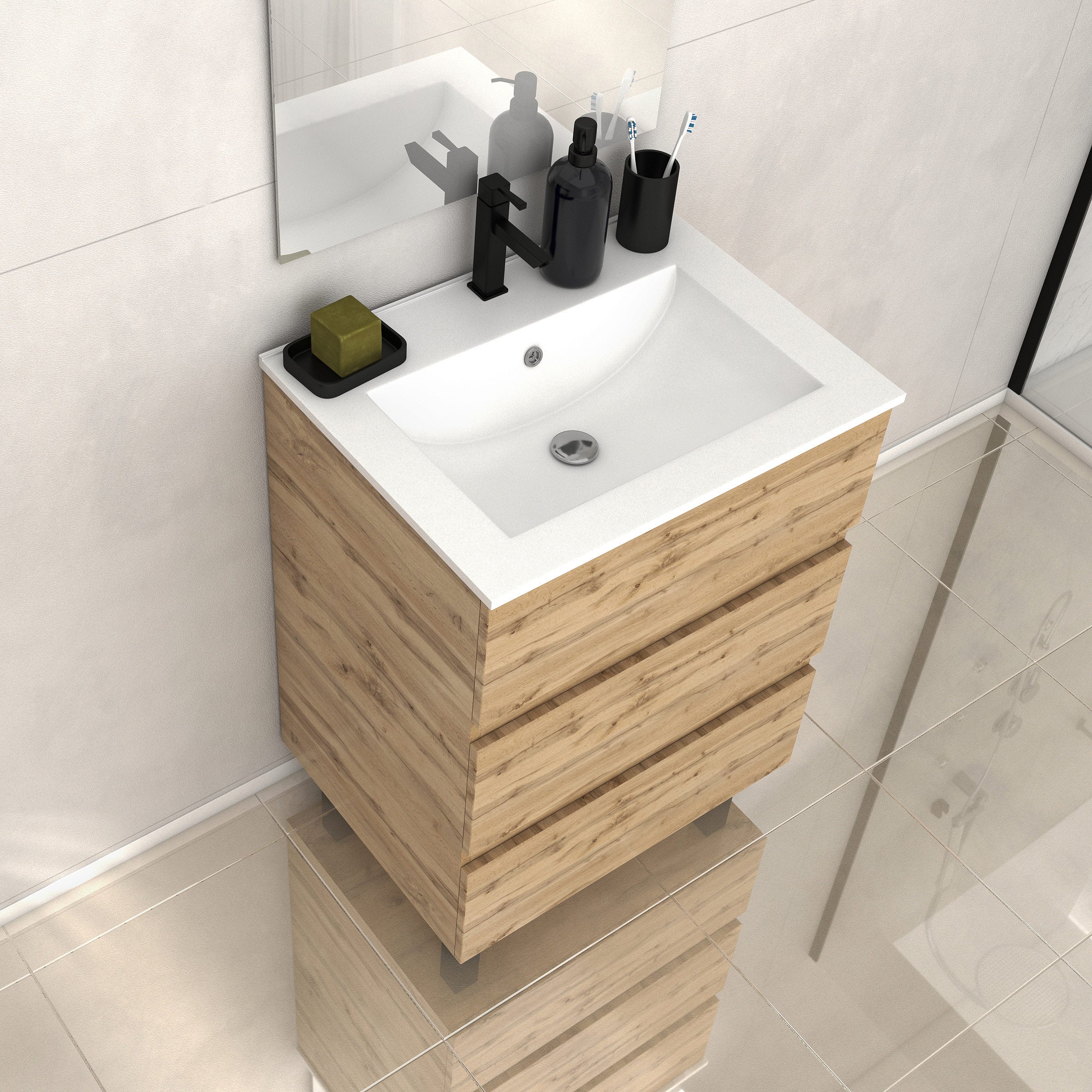 Meuble de salle de bains 60cm 3 Tiroirs_Chêne Naturel + Vasque céramique blanche - TIMBER 60 - 5