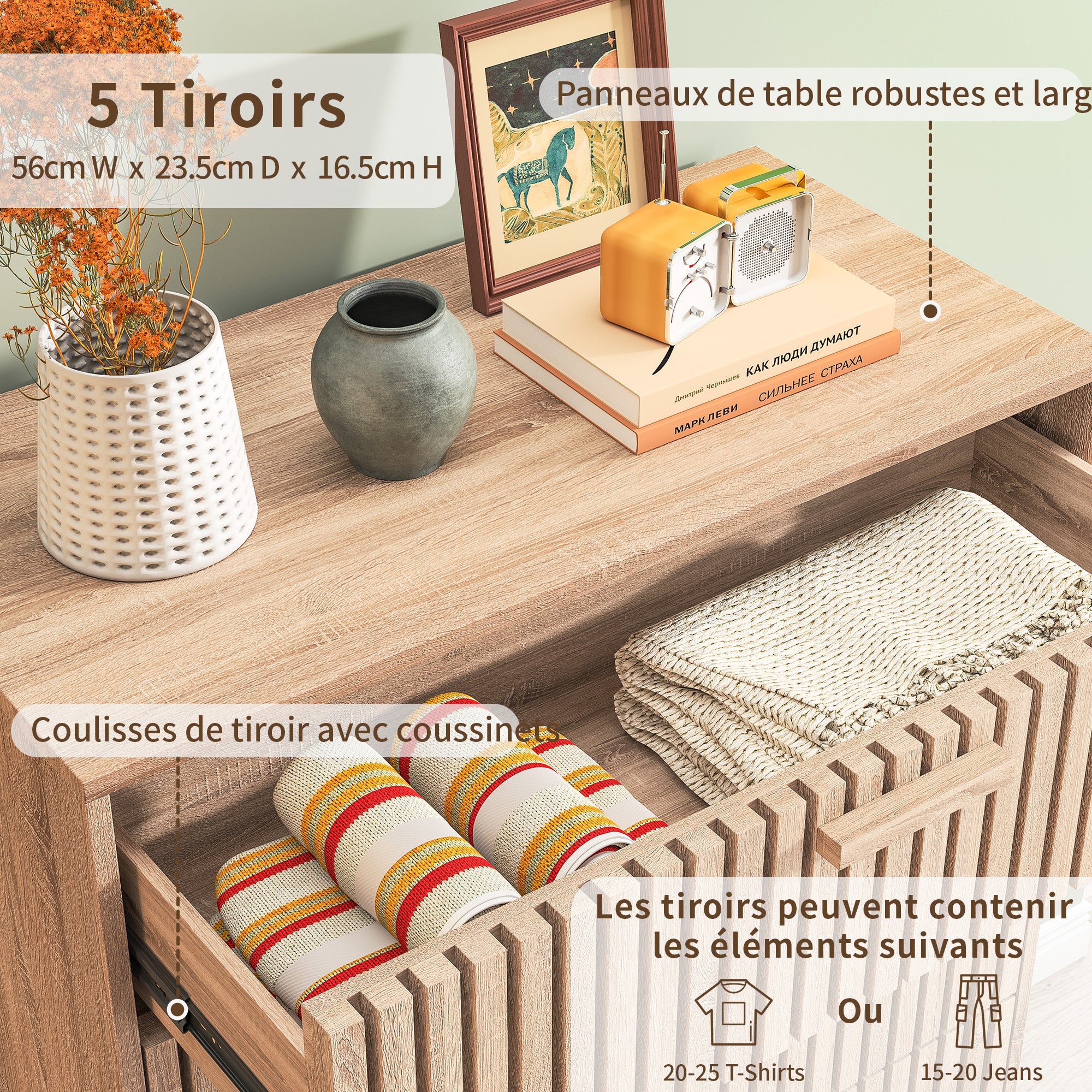 Commode 4 tiroirs 60 cm Couleur bois naturel, 60 x 34 x 91cm - 6